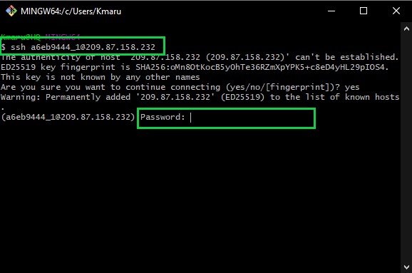 A command prompt window displaying an SSH connection attempt to the IP address 209.87.158.232 with username 'a6eb9444_1'. The user is prompted for a password after confirming the addition of the host's key to known hosts.