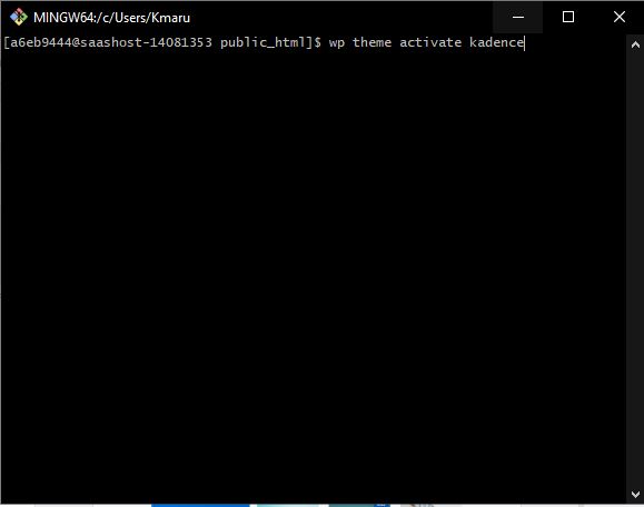 A terminal window showing a command prompt where the command 'wp theme activate kadence' is typed in a WordPress installation directory.