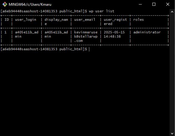 Terminal window showing the output of the command 'wp user list' with user details including ID, user_login, display_name, user_email, user_registered, and roles. There is one entry with ID 1, user login and display name 'a405e11b_admin', email 'kevinmarusek@stellarwp.com', registered on 2025-05-15 with the role of administrator.