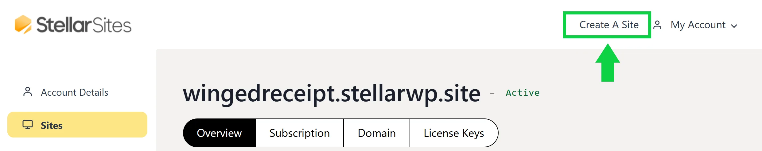 A webpage interface of Stellar Sites showing the site management section with options for Overview, Subscription, Domain, and License Keys. The "Create A Site" button is highlighted with a green box and arrow at the top right corner.