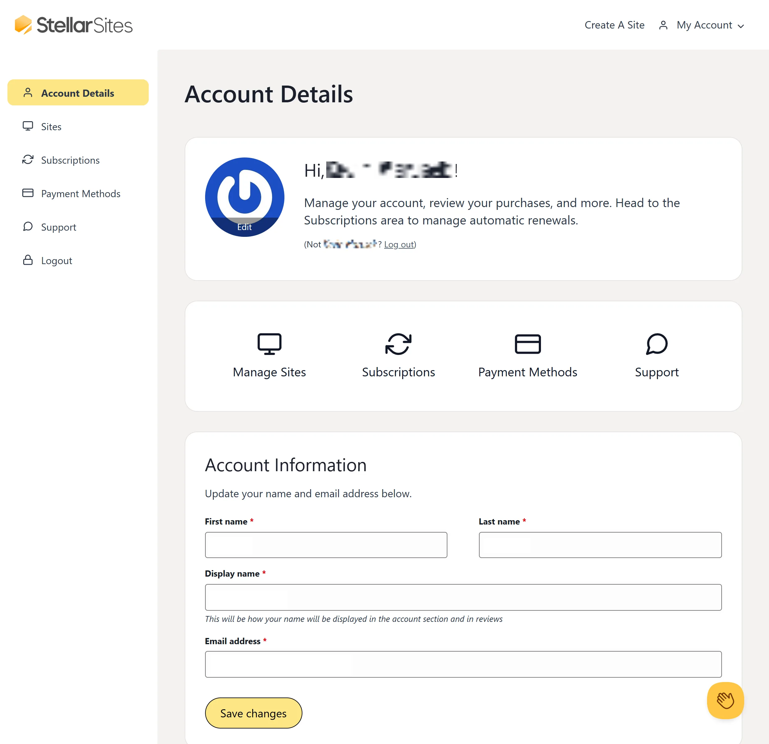 A user interface of StellarSites displaying the account details page with menu options on the left for 'Account Details,' 'Sites,' 'Subscriptions,' 'Payment Methods,' 'Support,' and 'Logout.' The page shows options to manage sites, subscriptions, payment methods, and support. It includes account information fields for first name, last name, display name, and email address, with a 'Save changes' button at the bottom.
