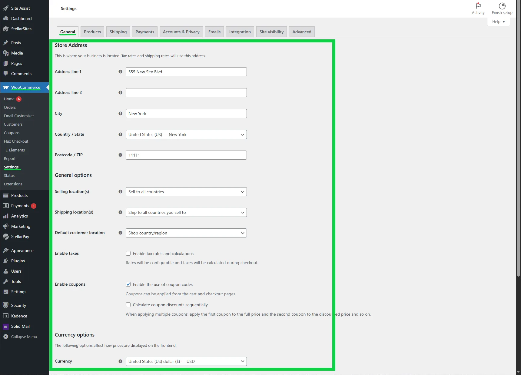 Screenshot of WooCommerce settings page showing the General settings tab. It includes fields for store address with entries for Address line 1, Address line 2, City, Country/State, and Postcode/ZIP. It also lists options for Selling locations, Shipping locations, Default customer location, and settings to enable taxes and coupons. The currency is set to United States Dollar (USD).