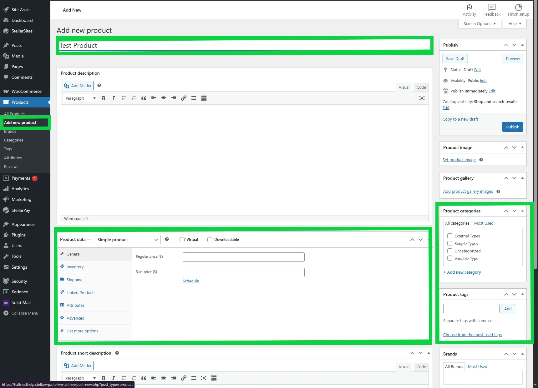 Screenshot of the WordPress WooCommerce interface for adding a new product, titled 'Test Product.' Sections include product description, product data (with options like price and inventory), and settings for categories, tags, and images.