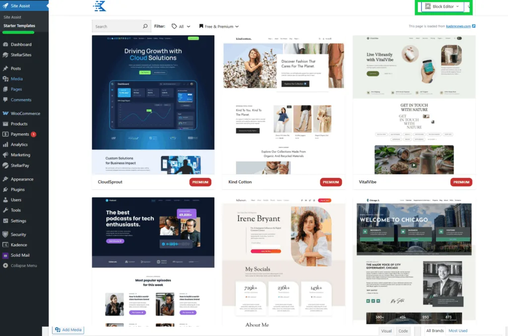 A website dashboard displaying various starter templates with thumbnails for themes like CloudSprout, Kind Cotton, VitalVibe, and others, each marked as 'Premium'. The sidebar shows navigation options such as Dashboard, Posts, and WooCommerce.