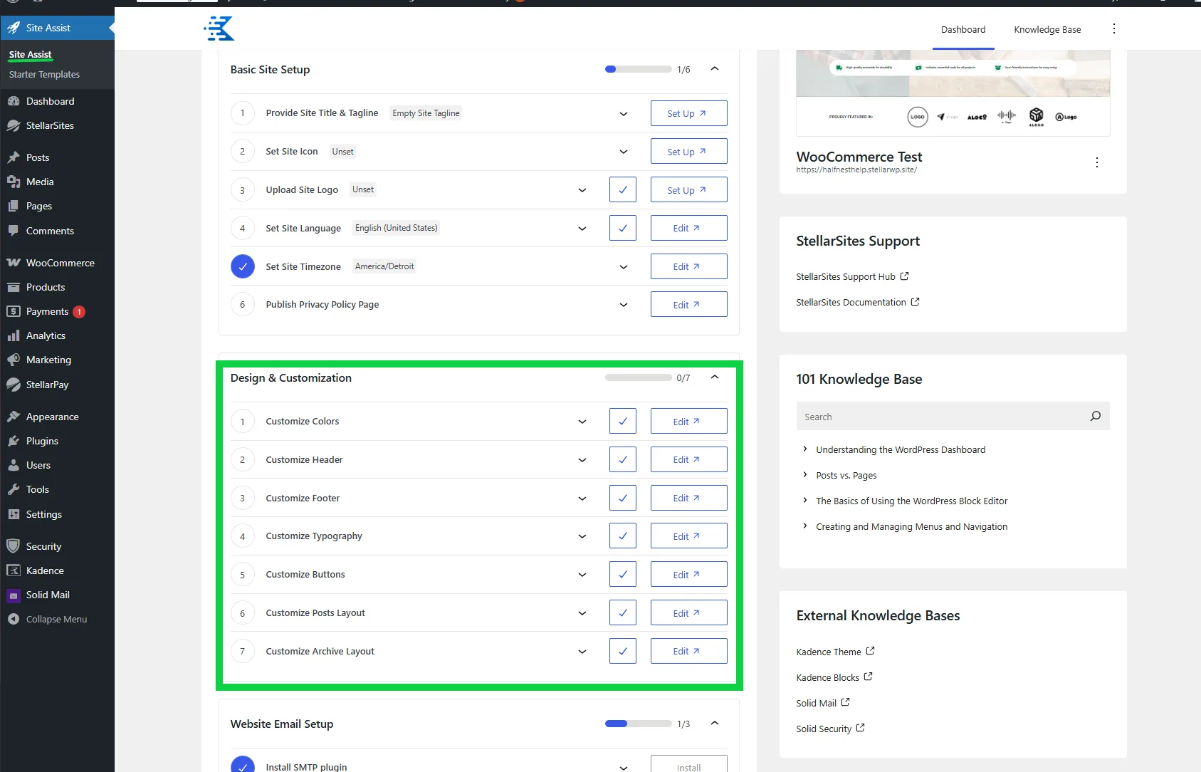 A screenshot of a WordPress admin dashboard displaying the Site Assist settings. The interface includes sections for Basic Site Setup, Design & Customization, and Website Email Setup. The Design & Customization section, highlighted in green, shows options for customizing colors, header, footer, typography, buttons, posts layout, and archive layout, each with an 'Edit' button. The left sidebar contains navigation links like Dashboard, Posts, Media, Pages, and more. The right sidebar includes links to WooCommerce test sites, StellarSites support, and knowledge bases.