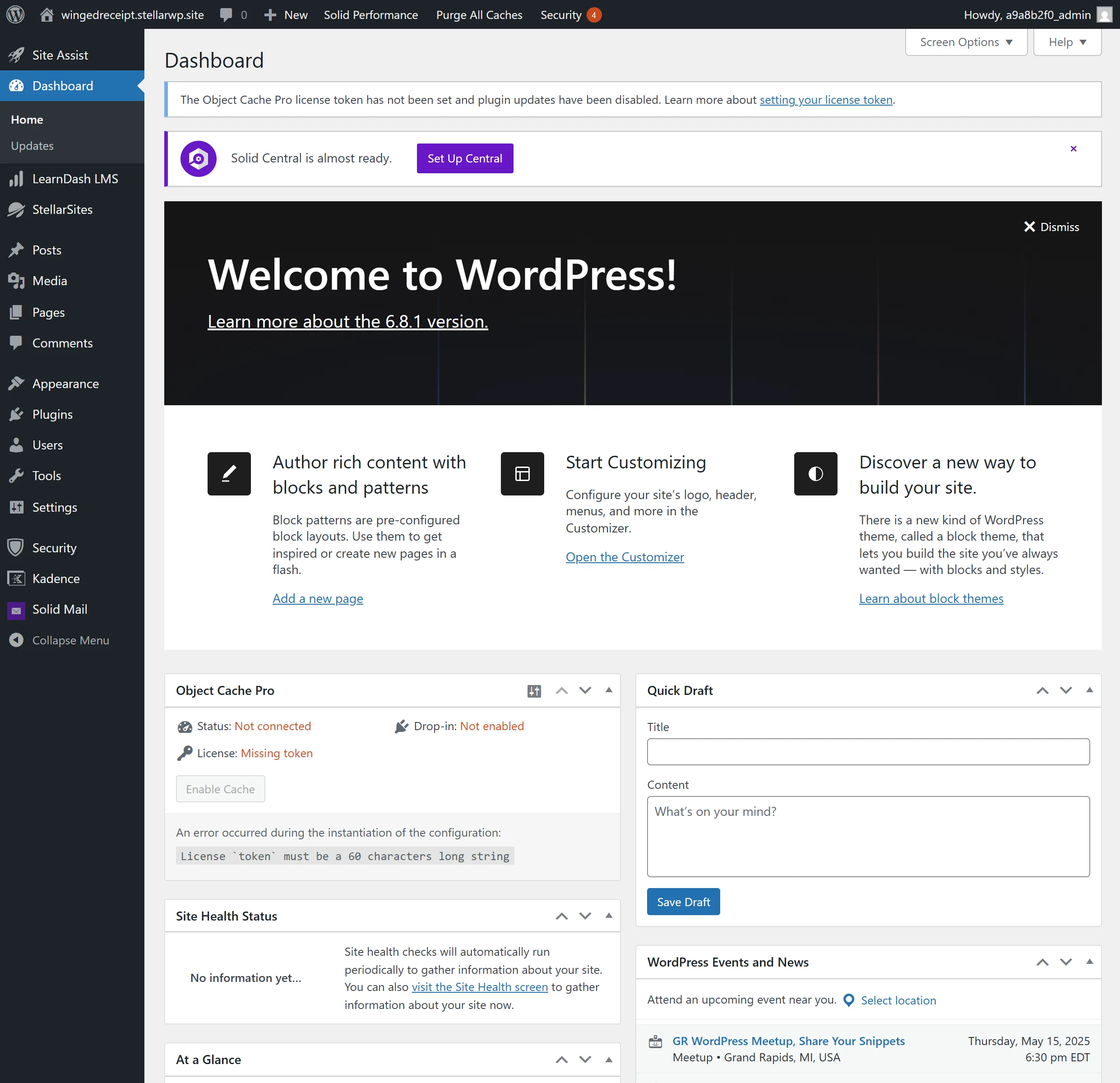 WordPress dashboard with navigation menu, announcements, and various widgets like Object Cache Pro, Site Health Status, Quick Draft, and WordPress Events and News.
