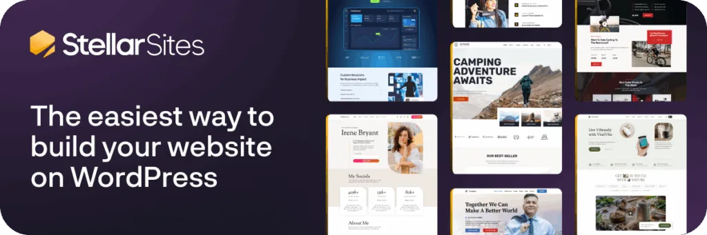 A promotional banner for StellarSites showcasing various website templates on WordPress, with the tagline 'The easiest way to build your website on WordPress' on a dark background.
