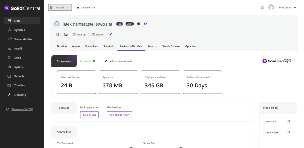 Screenshot of the Solid Central dashboard for the site 'latekittentest.stellarwp.site' showing backup management features. It indicates the estimated site size is 24 B, space used is 378 MB, total space available is 345 GB, and backups will be saved for 30 days. Options to run a backup and view backup history are provided.