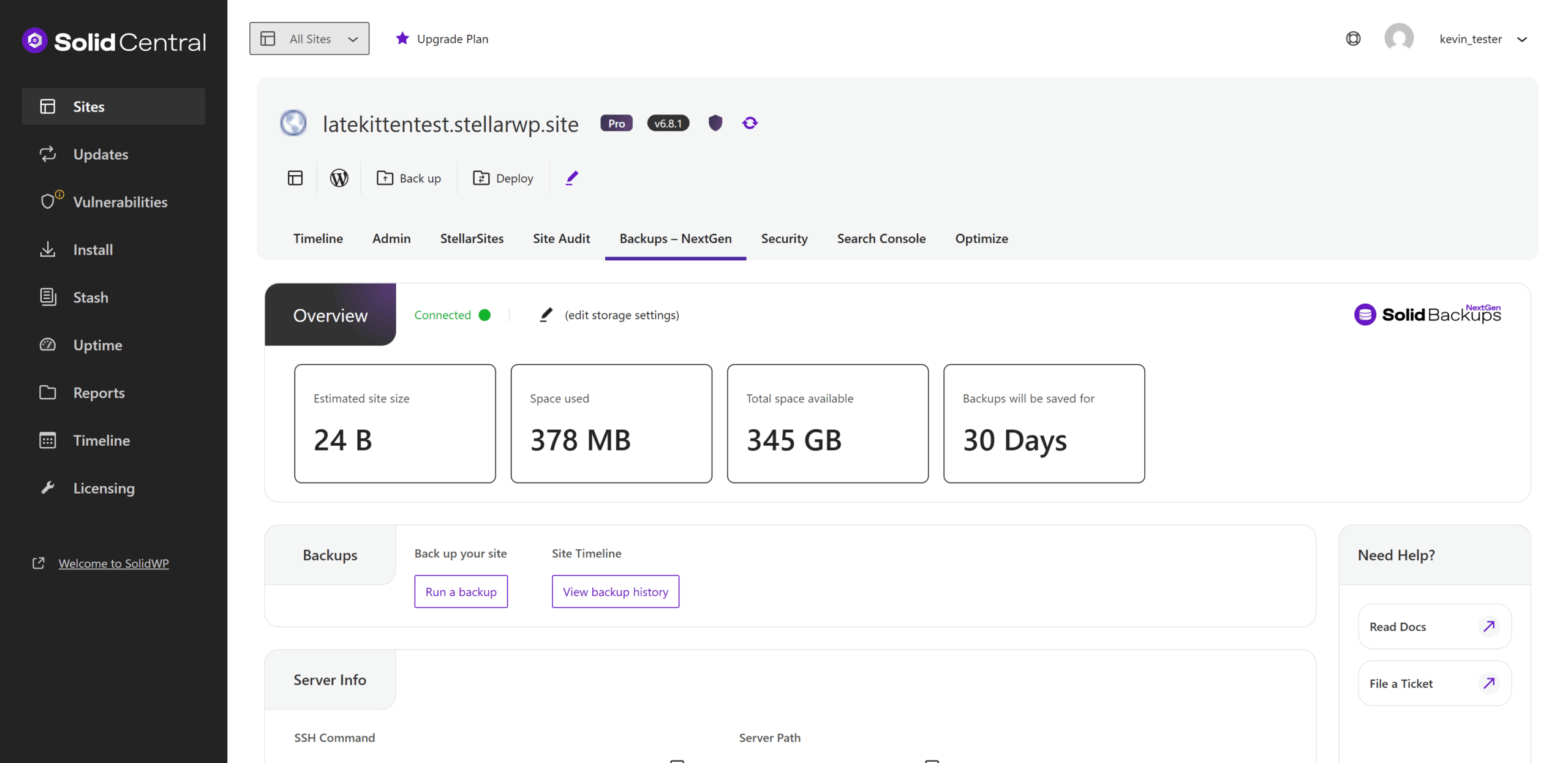 Screenshot of the Solid Central dashboard for the site 'latekittentest.stellarwp.site' showing backup management features. It indicates the estimated site size is 24 B, space used is 378 MB, total space available is 345 GB, and backups will be saved for 30 days. Options to run a backup and view backup history are provided.