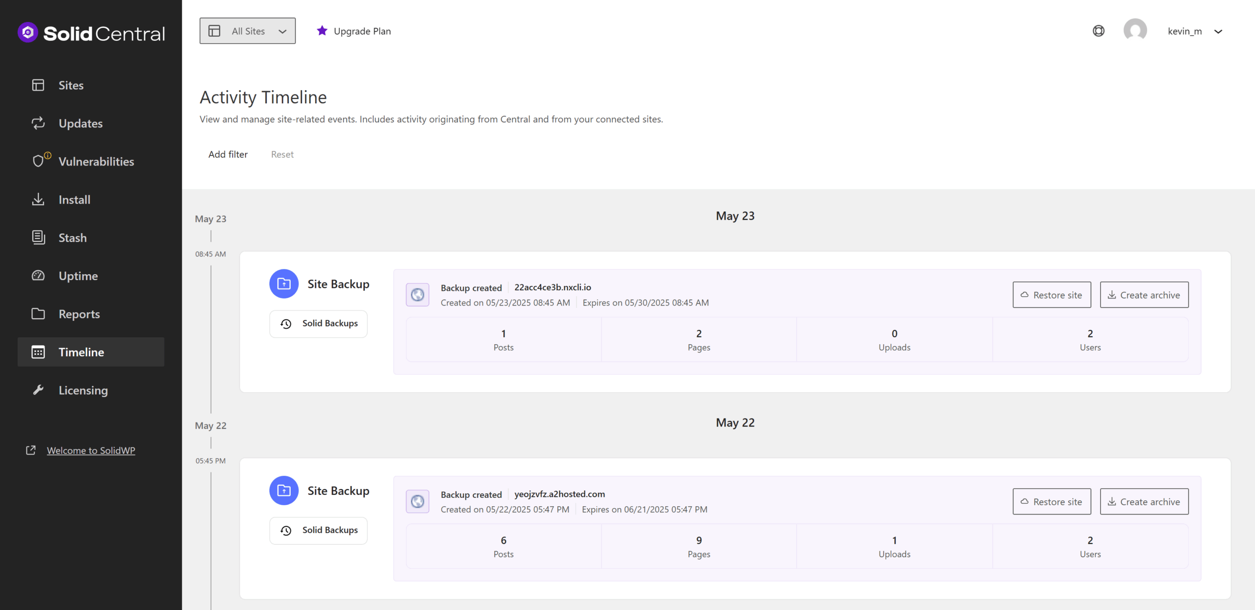 A dashboard from SolidCentral showing an activity timeline of site backups dated May 22 and May 23. The details include backup creation times, expiration dates, and the number of posts, pages, uploads, and users per backup. Options to restore the site or create an archive are available. The menu on the left lists options like Sites, Updates, and Timeline, with "Welcome to SolidWP" at the bottom.