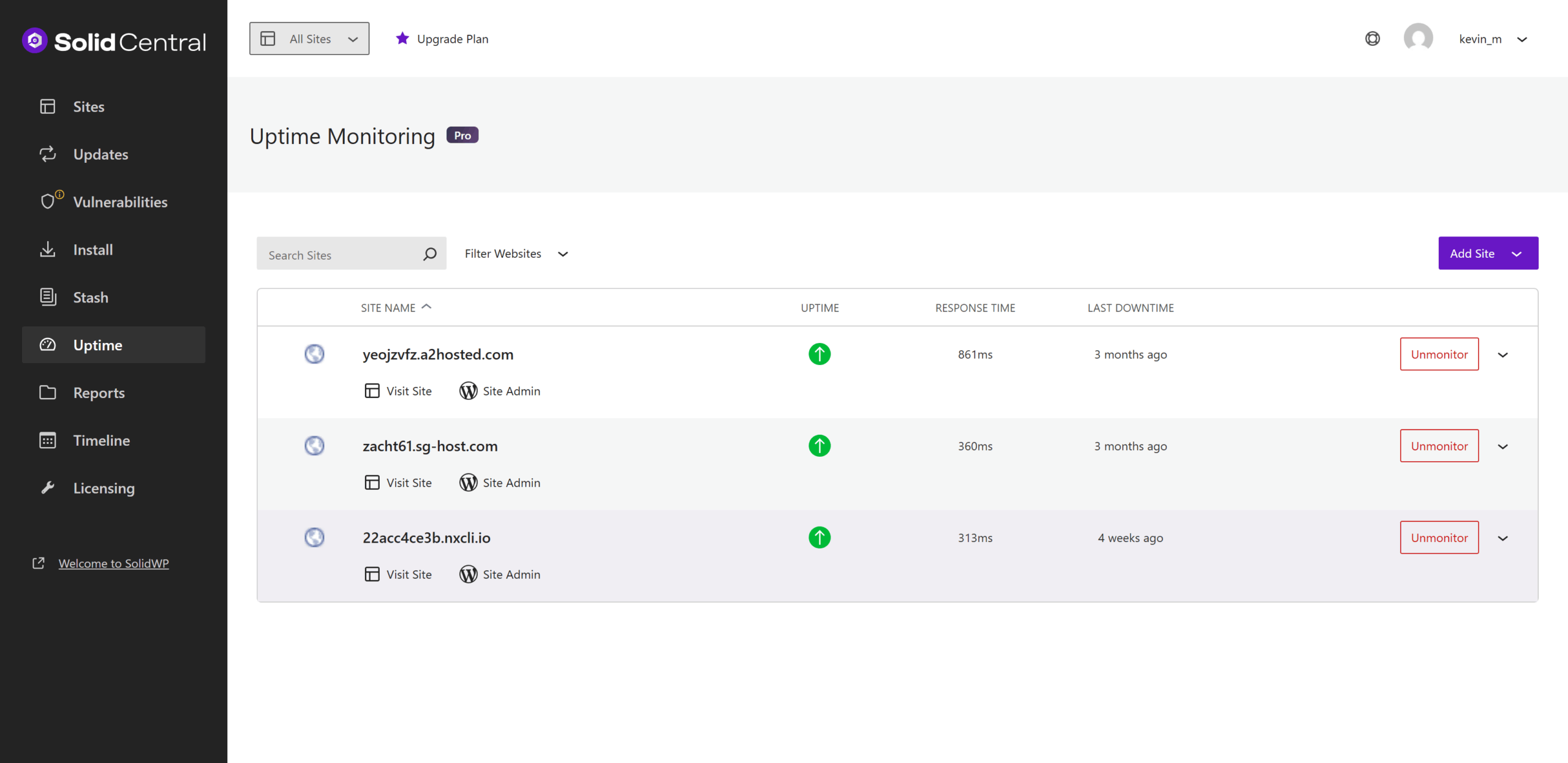 A dashboard view of SolidCentral's Uptime Monitoring, showing three websites listed with their uptime status, response times, and last downtime periods. Each site has options for 'Visit Site' and 'Site Admin' with an 'Unmonitor' button. The sidebar includes various menu options such as Sites, Updates, Vulnerabilities, and more.