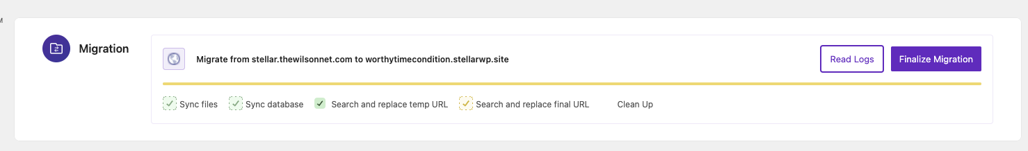 Screenshot of a website migration interface displaying progress for migrating from "stellar.thewilsonnet.com" to "worthytimecondition.stellarwp.site" with progress bars and buttons for reading logs and finalizing migration.