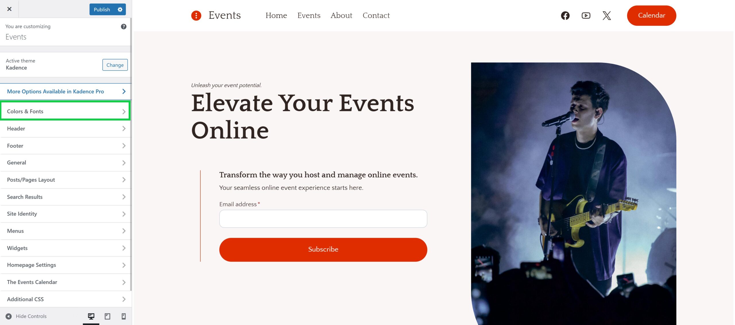 A website customization interface showing the Kadence theme settings on the left, with options like 'Colors & Fonts' highlighted. On the right, a webpage design features the heading 'Elevate Your Events Online,' a subscription form, and a photo of a musician playing guitar on stage.