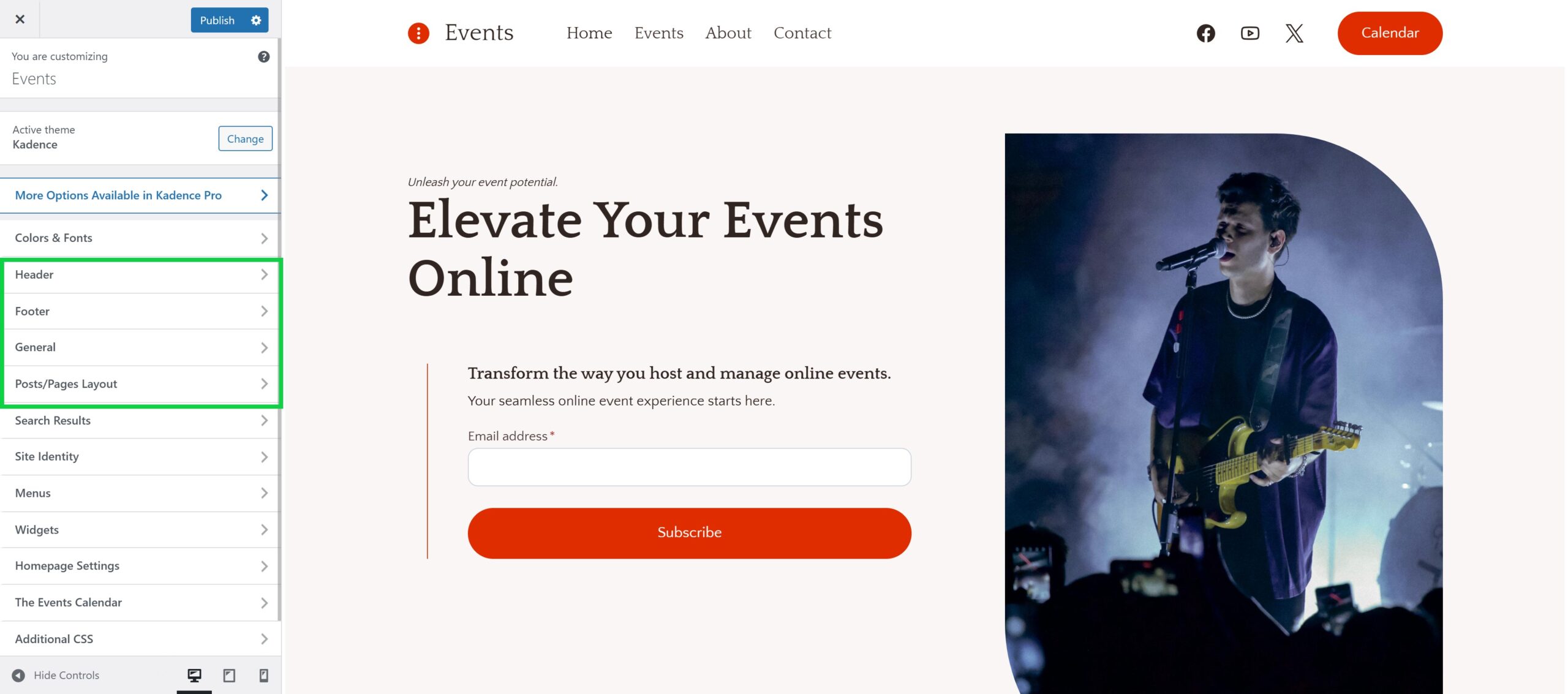 A website customization interface displaying options for header, footer, general settings, and posts/pages layout on the left. On the right, an image of a musician singing while playing an electric guitar on stage, surrounded by fog and moody lighting. The website promotes online event management with a subscription form for email addresses.