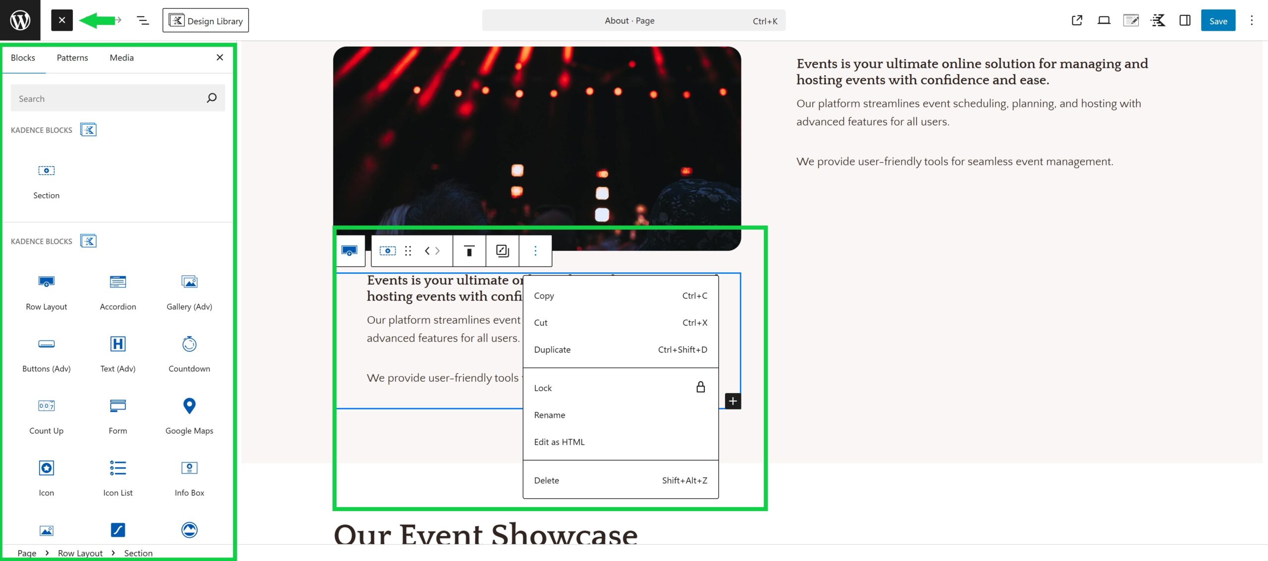 A WordPress editing interface showing a page layout in progress, featuring a side panel with 'Kadence Blocks' options, including Row Layout, Accordion, and Gallery. The main content area displays a highlighted section with a pop-up menu for text editing, including options to copy, cut, duplicate, and delete elements.