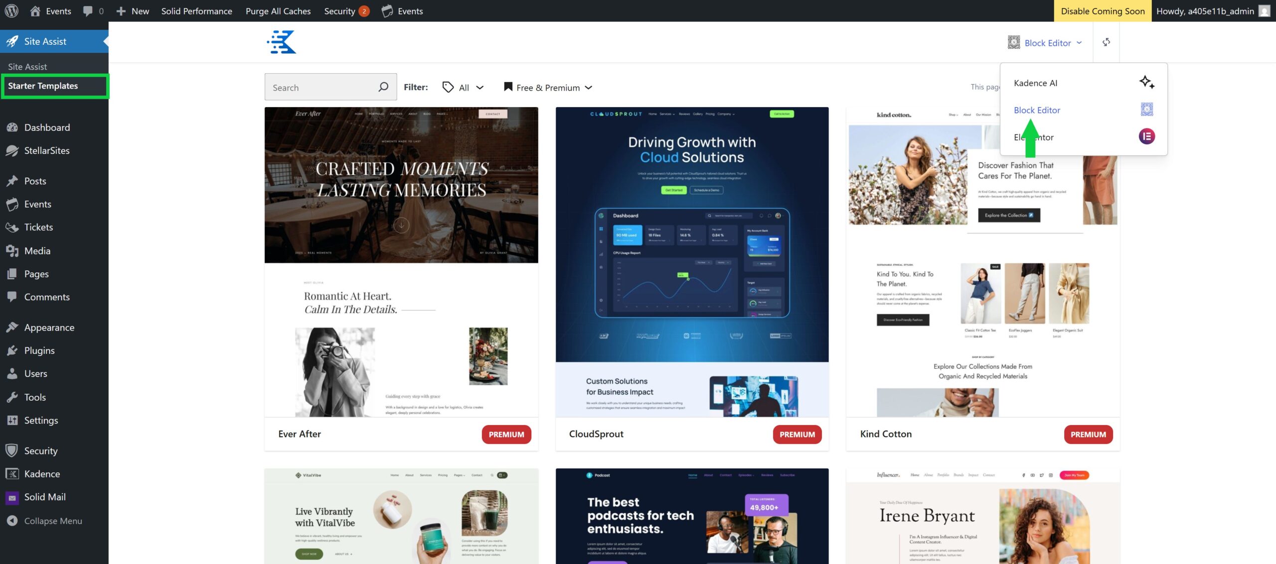A website interface showing a selection of starter templates for building webpages, with options displayed on a control panel on the left and template previews on the right. A dropdown menu near the top right corner shows editing options including Kadence AI and Block Editor.