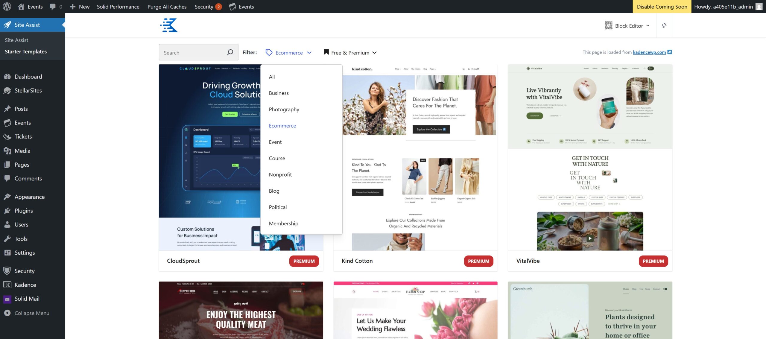 A WordPress dashboard displaying a "Starter Templates" section with various website templates available for selection. The user has filtered the templates by "Ecommerce." The screen includes templates named CloudSprout, Kind Cotton, and VitalVibe, each showcasing a different website design. A side menu with options like Posts, Media, Pages, and more is visible on the left.