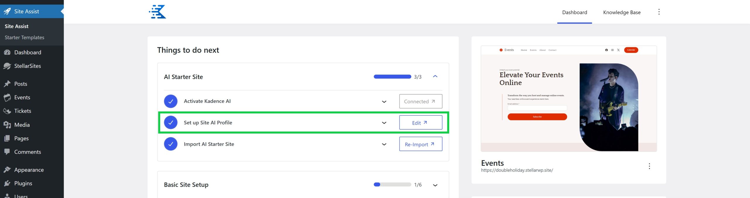 A website dashboard showing a list of tasks under "Things to do next," including "Set up Site AI Profile," which is highlighted in green. The sidebar menu includes options like Dashboard, StellarSites, Posts, and more. A preview of a website featuring a musician playing guitar is on the right.