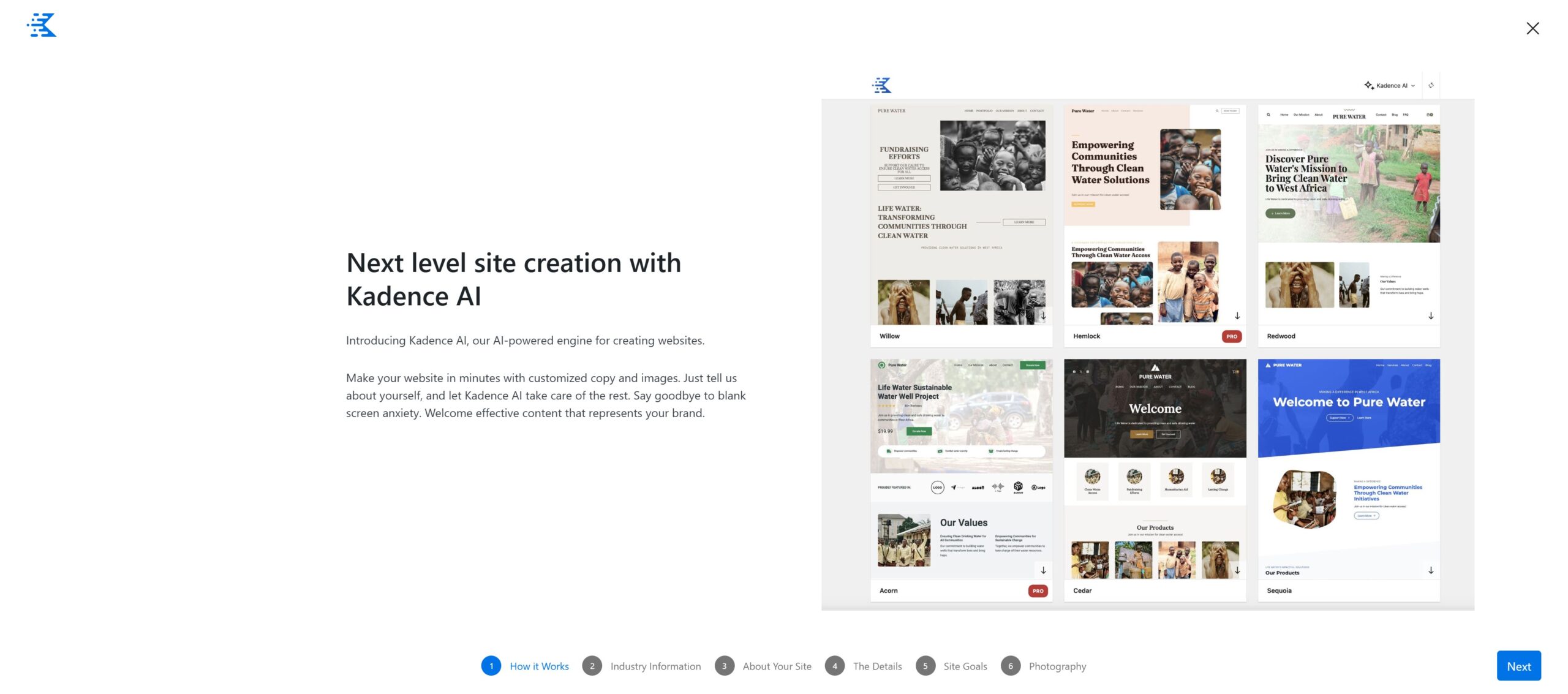 Interface showcasing Kadence AI for creating websites, featuring a text introduction on the left and various website design templates on the right, each with different layouts and themes.