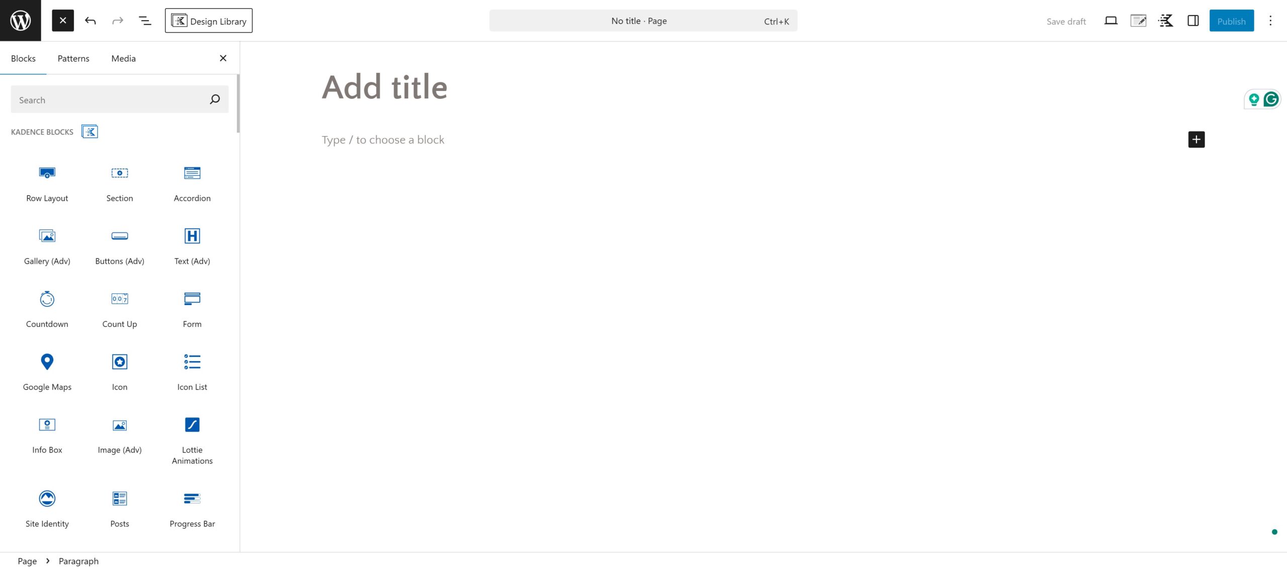 WordPress editor with Kadence Blocks options on the left, showing different block options like Row Layout, Section, Accordion, Gallery, and more. The main area prompts to "Add title" and "Type / to choose a block."