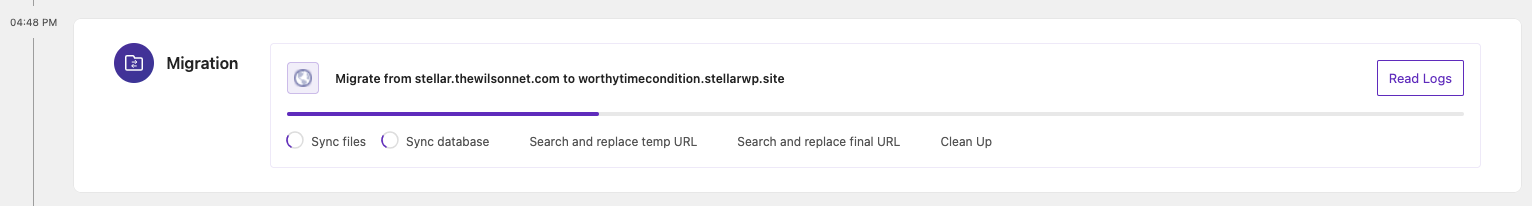 Screenshot of a migration interface showing progress and options to sync files, sync database, search and replace URLs, and clean up. The migration is from stellar.thewilsonnet.com to worthytimelamanziation.stellarwp.site, and there is a button to read logs.