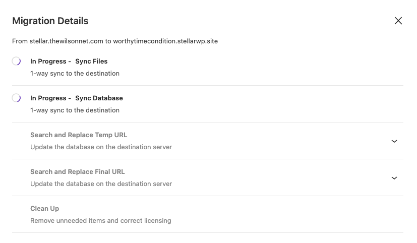 Screenshot of "Migration Details" showing data being transferred from stellar.thewilsonnet.com to worthytimecondition.stellarwp.site, with progress indicators for syncing files and database, along with options for search and replace and clean-up tasks.