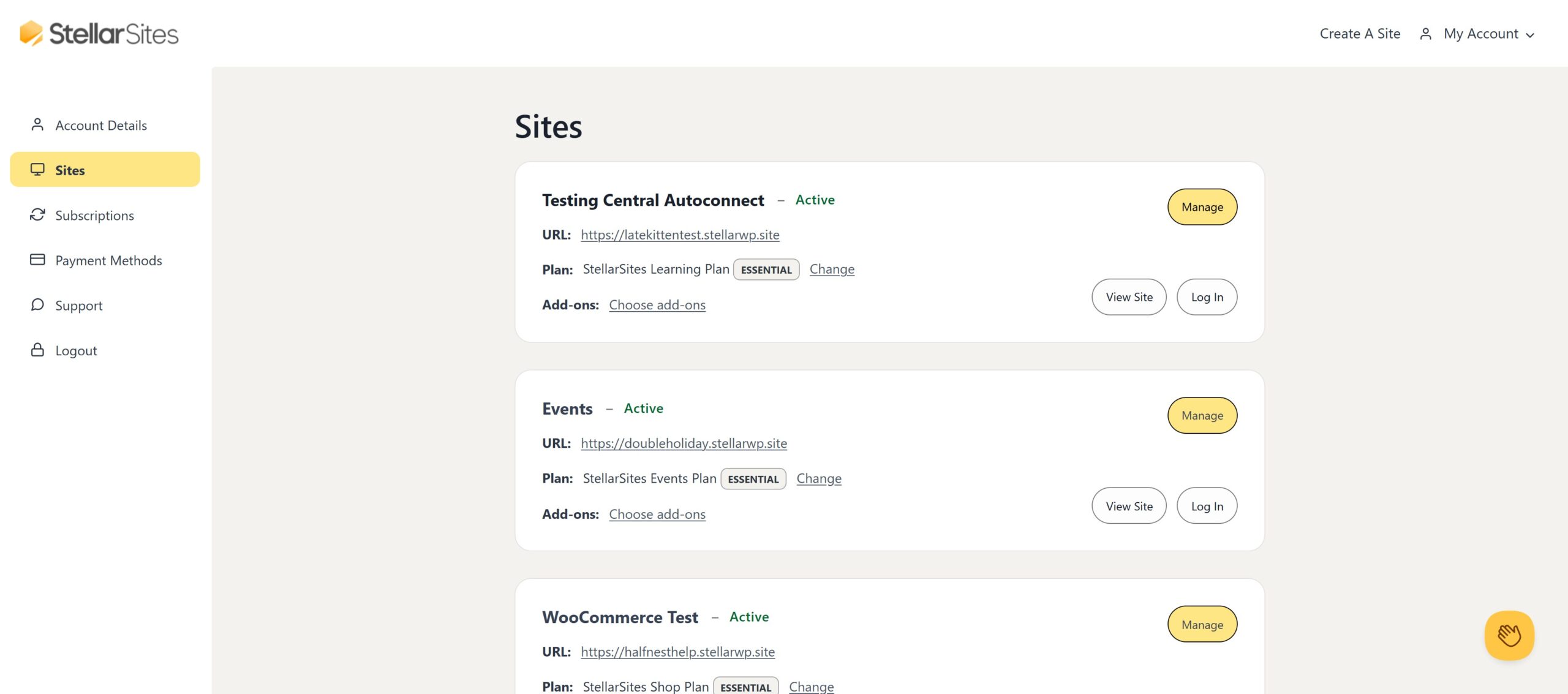Dashboard of Stellar Sites showing a list of active websites with URLs, plans, and options to manage or view the sites.