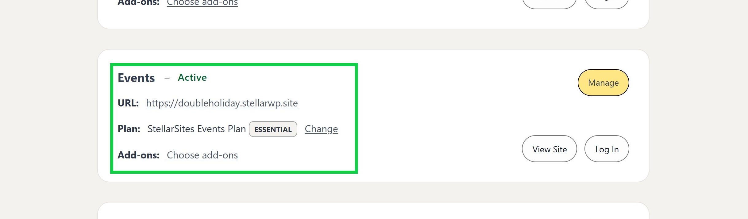 A screenshot shows the details of an active events service plan on a website management dashboard. The URL is https://doubleholiday.stellarwp.site, using the StellarSites Events Plan labeled as 'ESSENTIAL'. Options to change the plan or choose add-ons are provided, along with buttons to 'View Site' and 'Log In.'