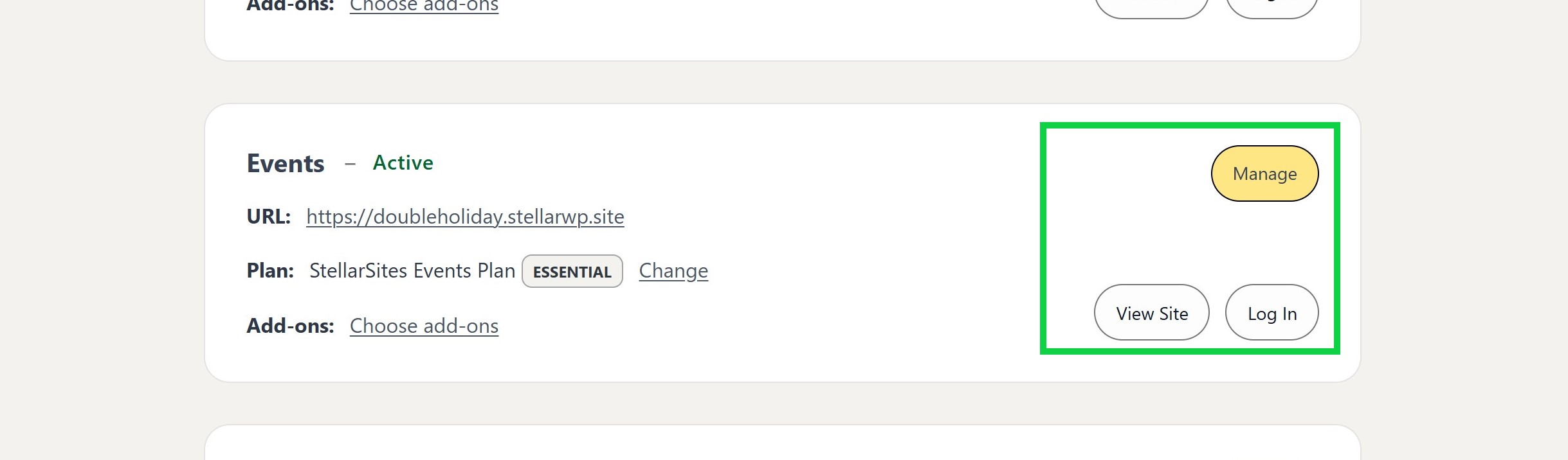 Screenshot of a web management dashboard for an active site. It shows the site name "Events," URL with a hyperlink, the plan "StellarSites Events Plan Essential," and options to manage, view, and log in to the site. There is a section to choose add-ons.