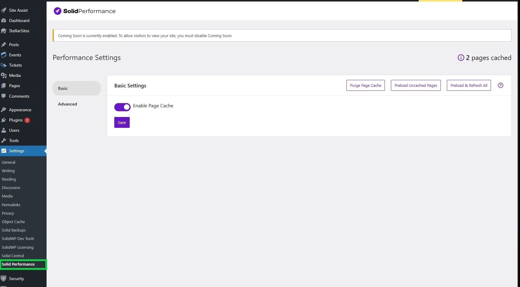 A WordPress admin dashboard screen showing the Solid Performance settings with options for "Enable Page Cache," "Purge Page Cache," "Preload Uncached Pages," and "Preload & Refresh All." The page displays a sidebar menu with options like Posts, Pages, Plugins, Users, Tools, and Settings. A message indicates that the "Coming Soon" feature is currently enabled.