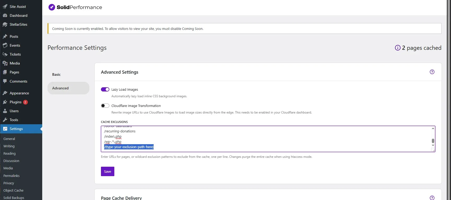 Screenshot of a WordPress dashboard showing "SolidPerformance" plugin's Performance Settings page. The Advanced Settings tab is open with options to toggle "Lazy Load Images" and "Cloudflare Image Transformation." Below, a section titled "Cache Exclusions" lists URLs for exclusion, with an option to save changes. A sidebar menu for site management is visible on the left.