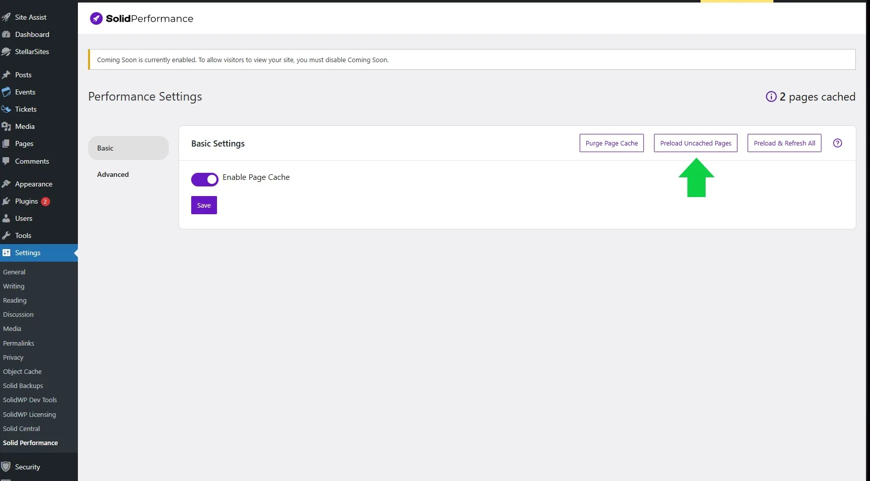 A WordPress settings page for the Solid Performance plugin, showing performance settings with options to enable page cache, purge page cache, preload uncached pages, and preload & refresh all. A green arrow points to the 'Preload Uncached Pages' button.