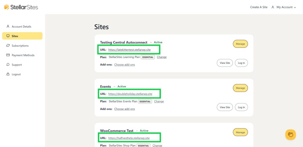 A screenshot of the StellarSites dashboard showing three active sites with their URLs and plans. Each site entry includes options to manage, view, or log into the site. The sidebar menu displays options for account details, sites, subscriptions, payment methods, support, and logout.