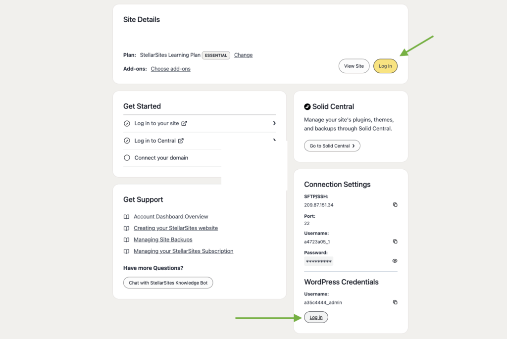 Screenshot of a website dashboard showing sections such as Site Details, Get Started, and Connection Settings. Highlights include a "Log In" button for site access and a section for WordPress credentials with username indicated. There are also support links and options for managing site plugins through "Solid Central."