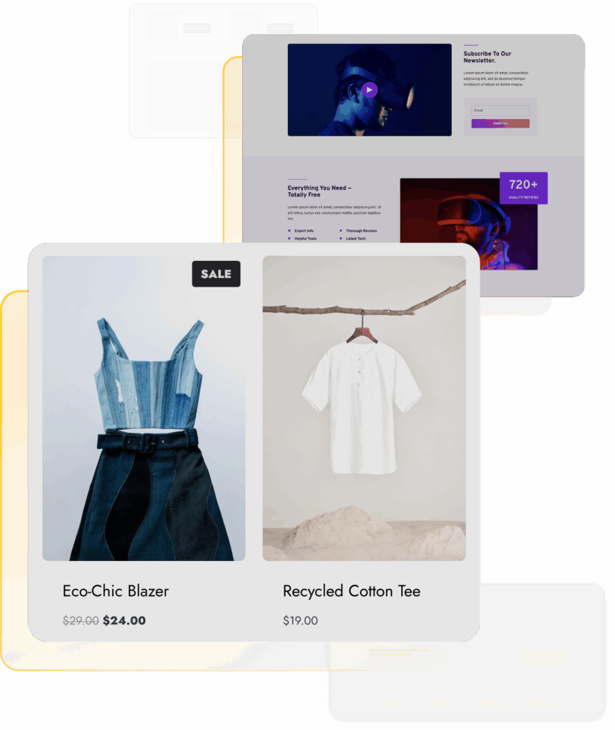 Collage of website elements including a newsletter subscription, virtual reality advertisement, and an online store section showcasing an Eco-Chic Blazer on sale for $24 and a Recycled Cotton Tee for $19.