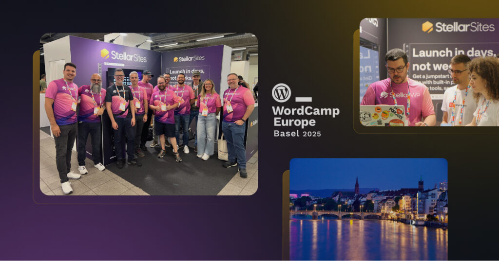 Collage showing a group of people in matching pink t-shirts at a Stellar Sites booth at WordCamp Europe in Basel 2025, alongside images of a person using a laptop at the event and a scenic view of Basel at dusk.