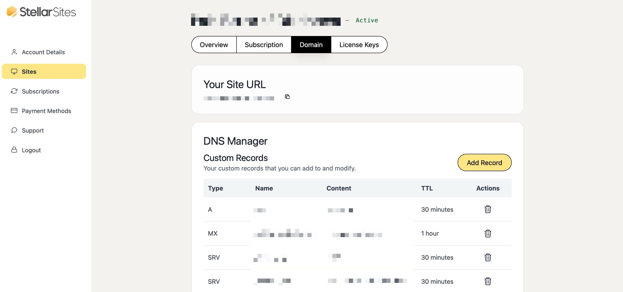 A website dashboard for StellarSites, showing DNS Manager with options to add or modify custom records like A, MX, and SRV with various time-to-live (TTL) settings. The left sidebar includes options for Account Details, Sites, Subscriptions, Payment Methods, Support, and Logout.