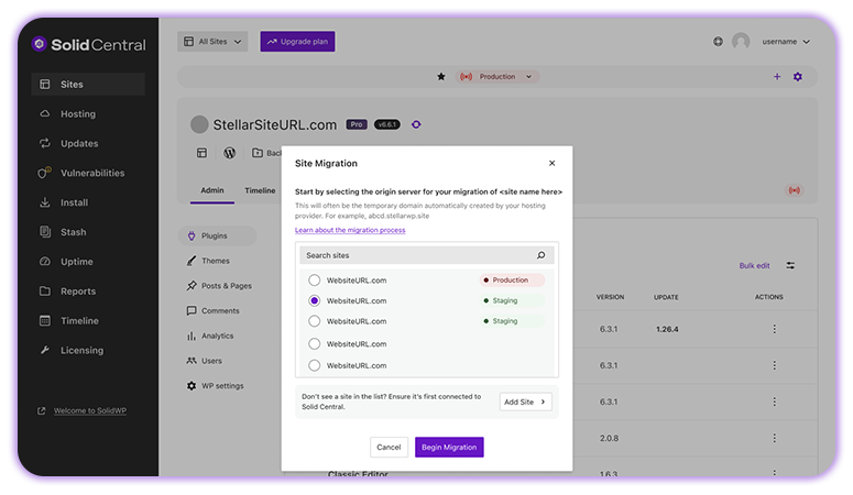Screenshot of a site management dashboard from SolidCentral featuring a 'Site Migration' popup window with options to select the origin server for migration and buttons to cancel or begin the migration process.
